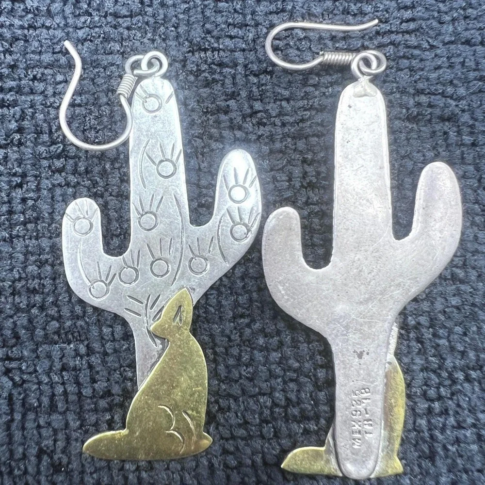 Vtg Sterling Silver Copper TAXCO‎ Mexico Earrings Cactus Wolf Dangling 12.7g 3